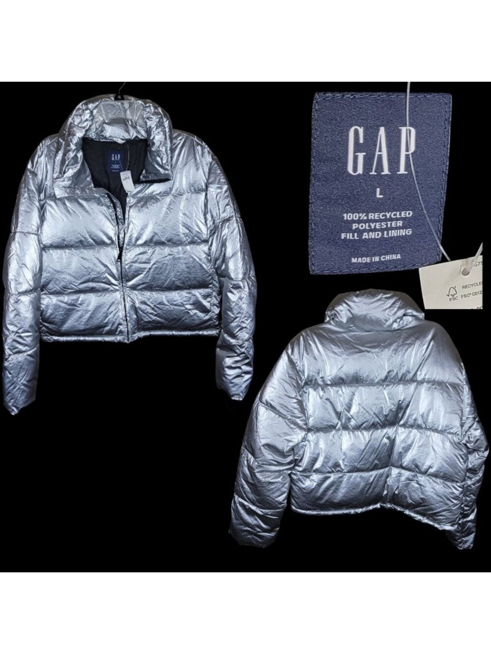 GAP Metallic Silver Cropped Puffer Jacket Women's Large LG New with Tags-